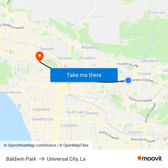 Baldwin Park to Universal City, La map