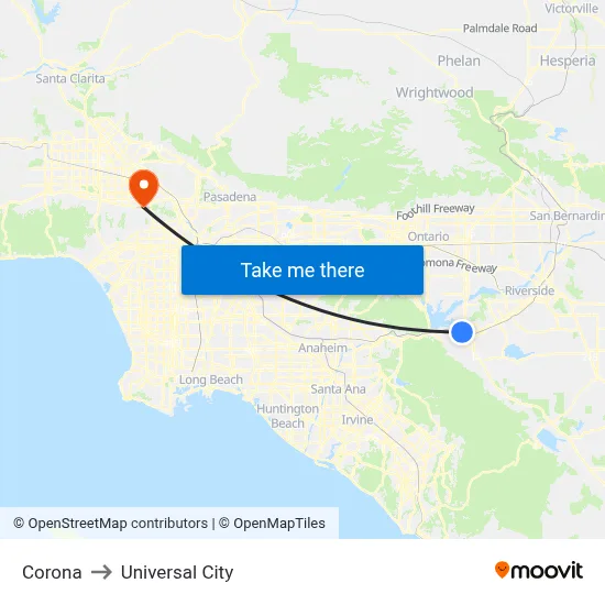 Corona to Universal City map
