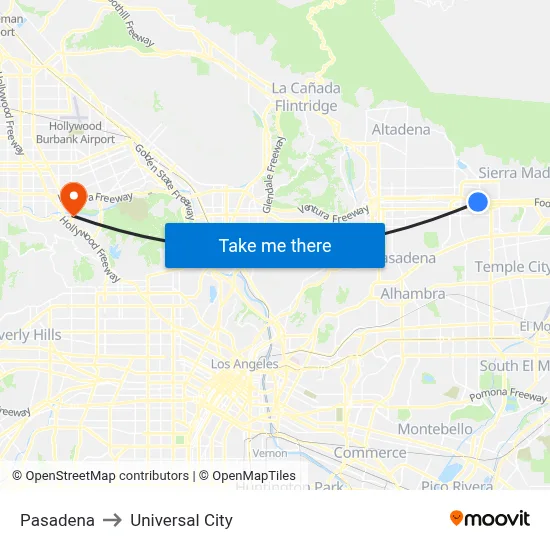 Pasadena to Universal City map