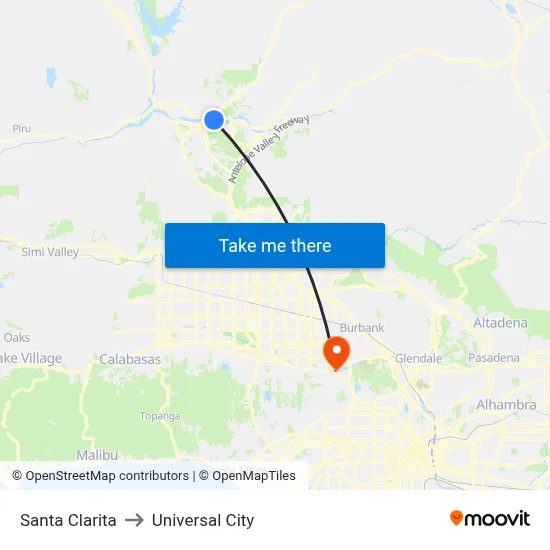 Santa Clarita to Universal City map