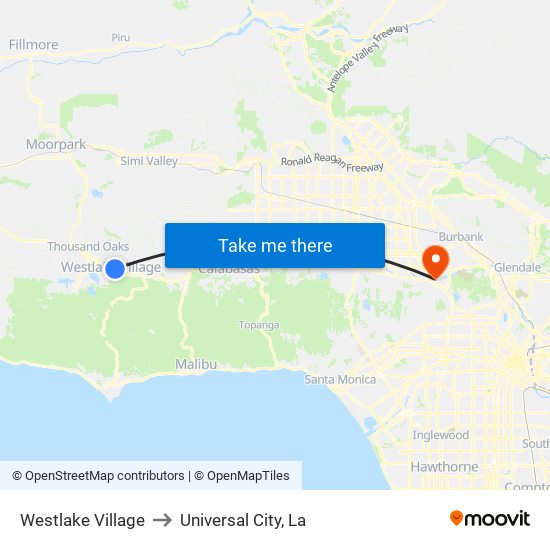 Westlake Village to Universal City, La map