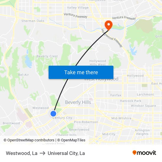 Westwood, La to Universal City, La map