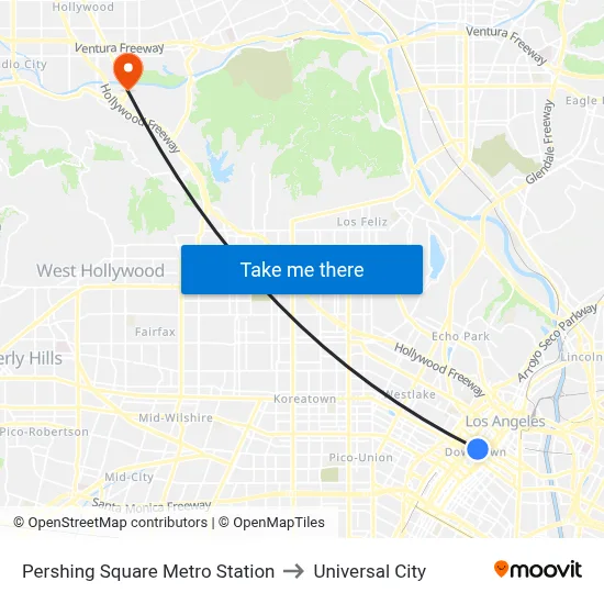 Pershing Square Metro Station to Universal City map