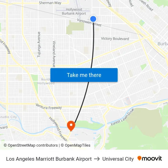 Los Angeles Marriott Burbank Airport to Universal City map