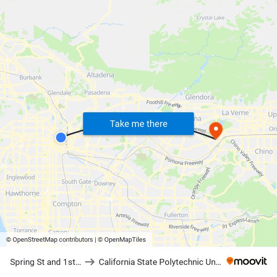 Spring St and 1st St E to California State Polytechnic University map