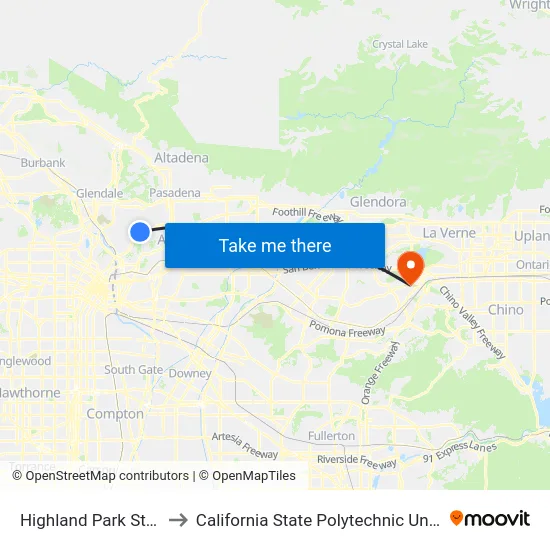 Highland Park Station to California State Polytechnic University map
