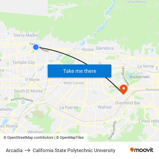 Arcadia to California State Polytechnic University map