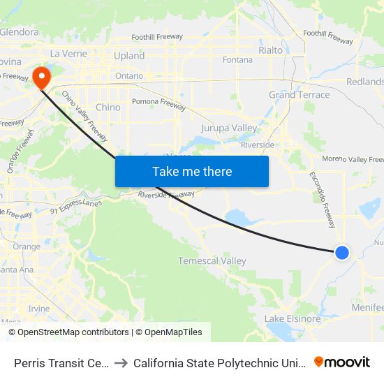 Perris Transit Center to California State Polytechnic University map