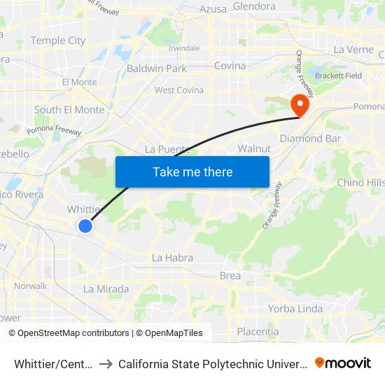 Whittier/Central to California State Polytechnic University map