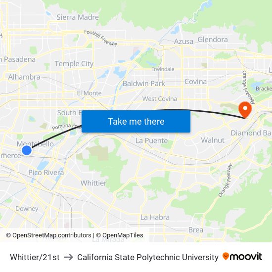 Whittier/21st to California State Polytechnic University map