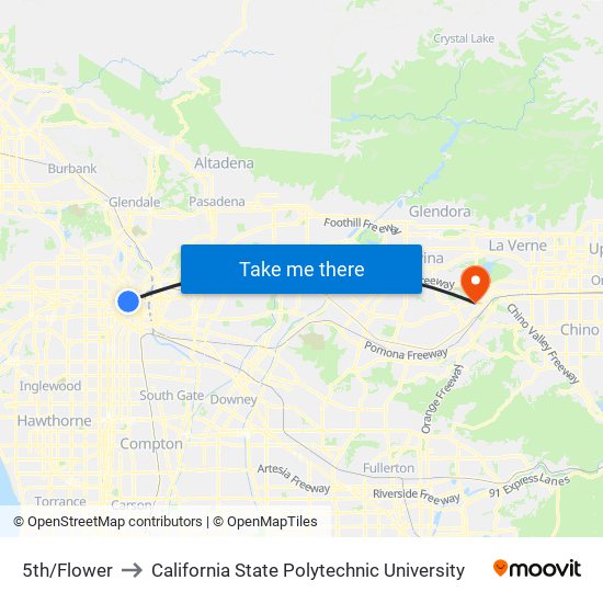 5th/Flower to California State Polytechnic University map