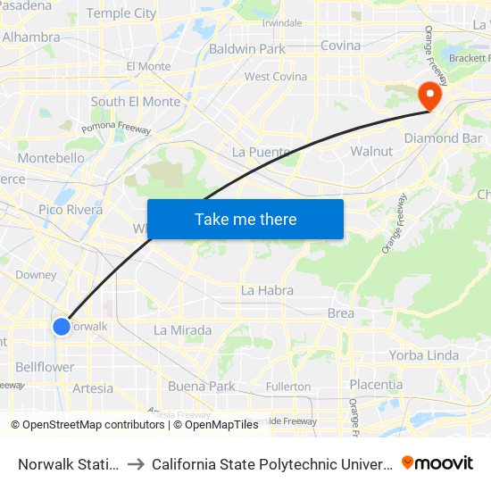 Norwalk Station to California State Polytechnic University map