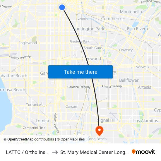 LATTC / Ortho Institute to St. Mary Medical Center Long Beach map