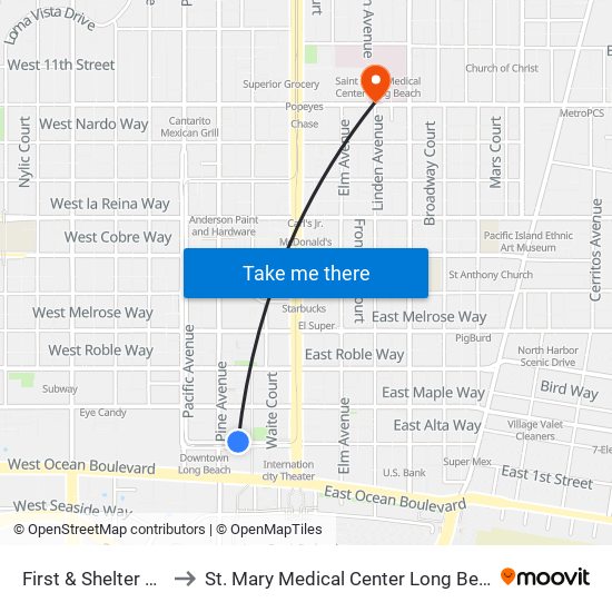 First & Shelter C N to St. Mary Medical Center Long Beach map