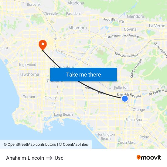 Anaheim-Lincoln to Usc map