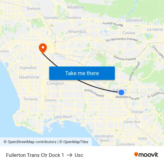 Fullerton Trans Ctr Dock 1 to Usc map