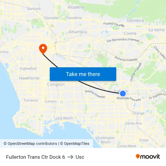 Fullerton Trans Ctr Dock 6 to Usc map