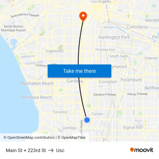 Main St + 223rd St to Usc map