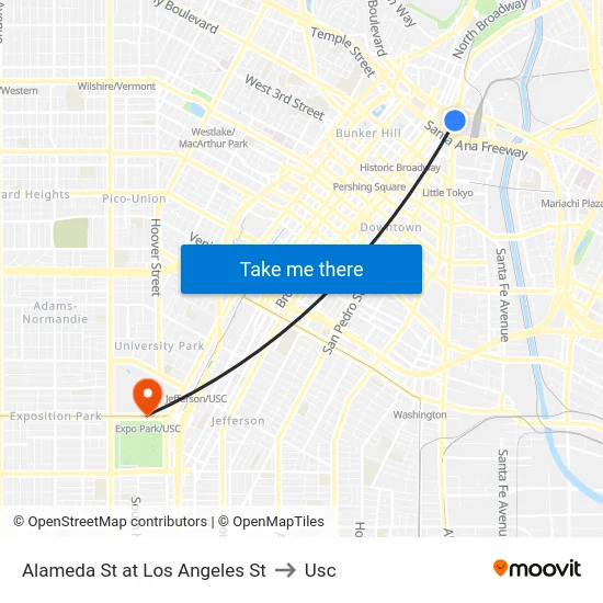 Alameda St at Los Angeles St to Usc map