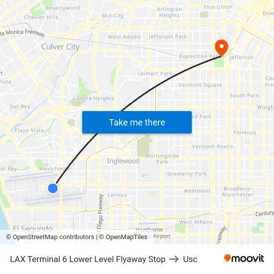 LAX Terminal 6 Lower Level Flyaway Stop to Usc map