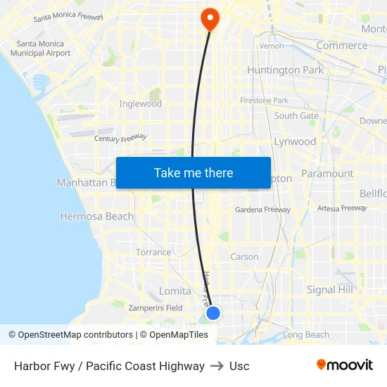 Harbor Fwy / Pacific Coast Highway to Usc map