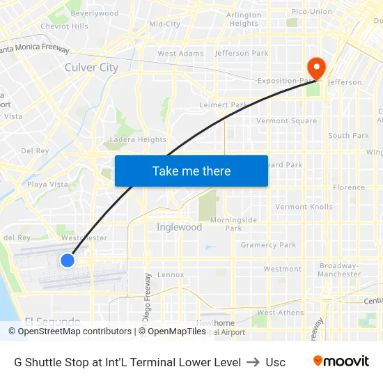 G Shuttle Stop at Int'L Terminal Lower Level to Usc map