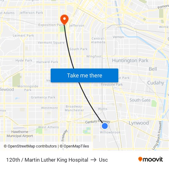 120th / Martin Luther King Hospital to Usc map