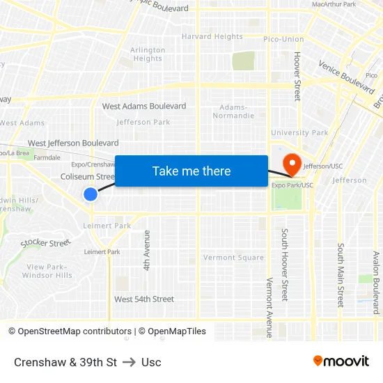 Crenshaw & 39th St to Usc map