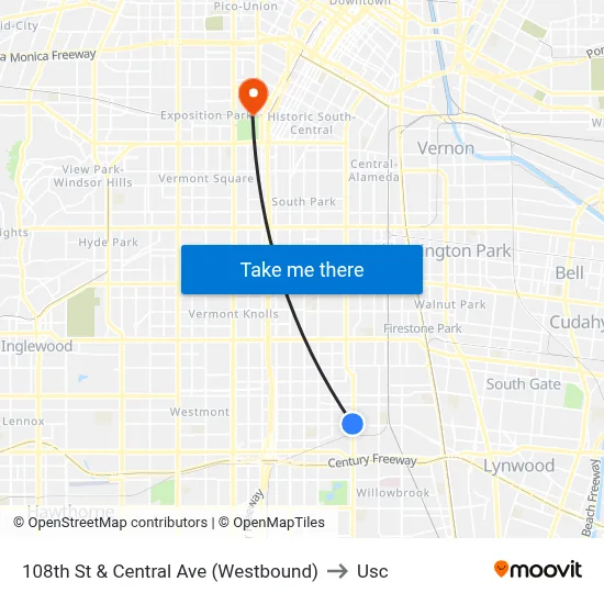 108th St & Central Ave (Westbound) to Usc map