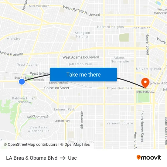 LA Brea & Obama Blvd to Usc map