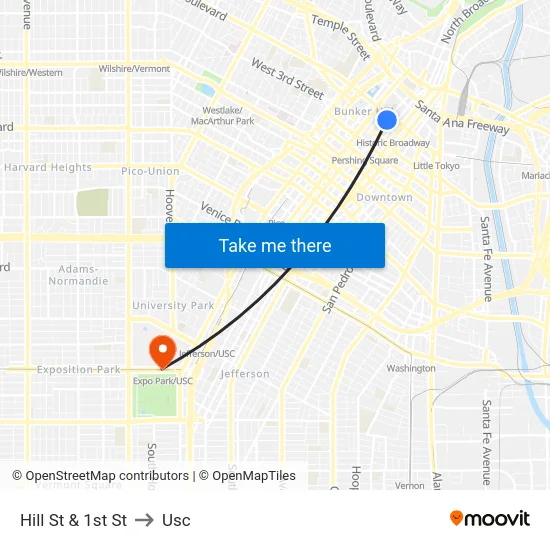 Hill St & 1st St to Usc map