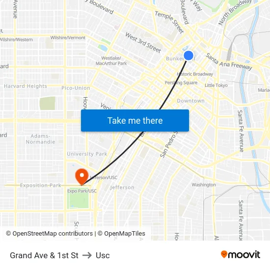 Grand Ave & 1st St to Usc map