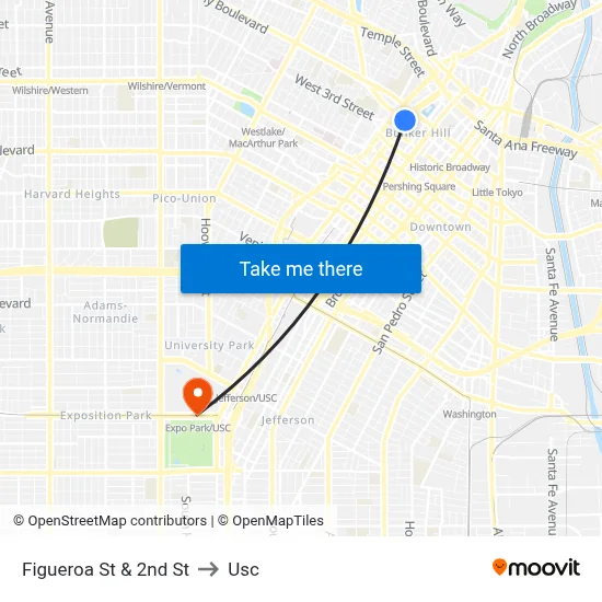 Figueroa St & 2nd St to Usc map