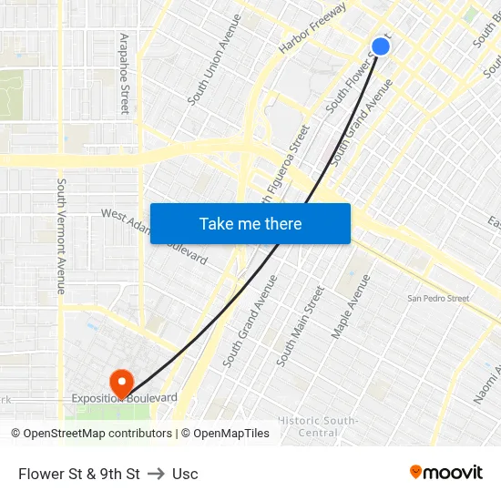 Flower St & 9th St to Usc map