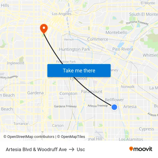 Artesia Blvd & Woodruff Ave to Usc map