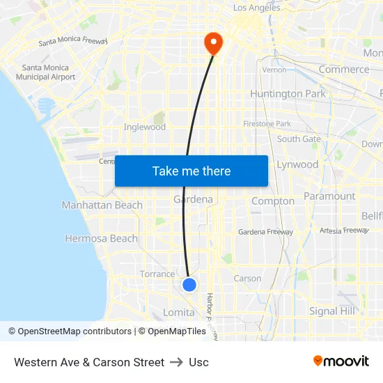 Western Ave & Carson Street to Usc map