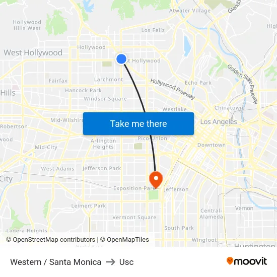 Western / Santa Monica to Usc map