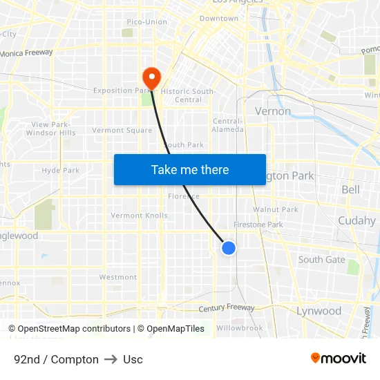 92nd / Compton to Usc map