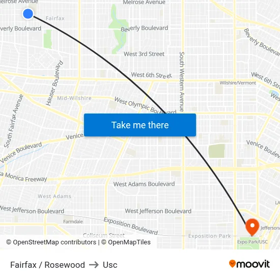 Fairfax / Rosewood to Usc map