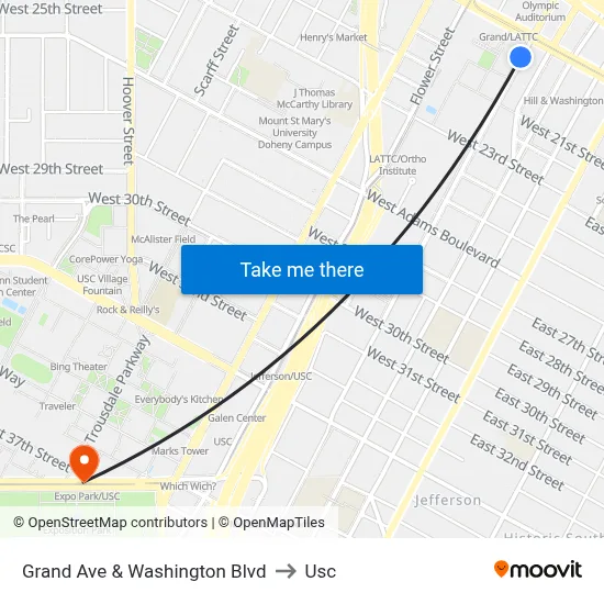 Grand Ave & Washington Blvd to Usc map