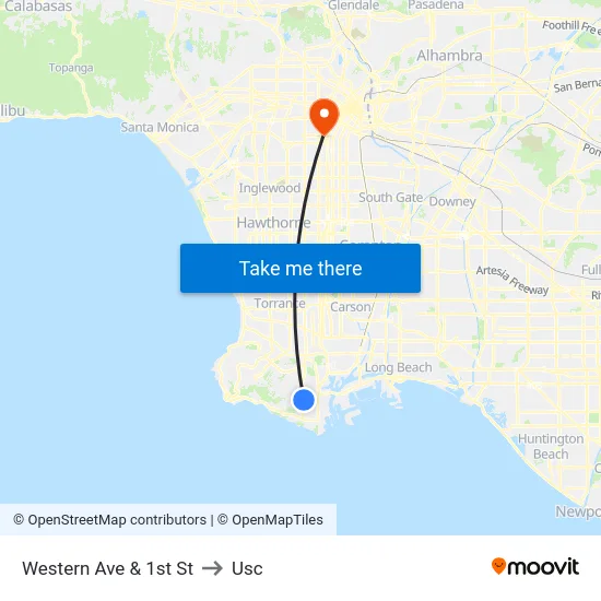 Western Ave & 1st St to Usc map