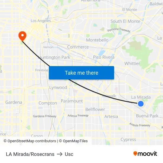 LA Mirada/Rosecrans to Usc map