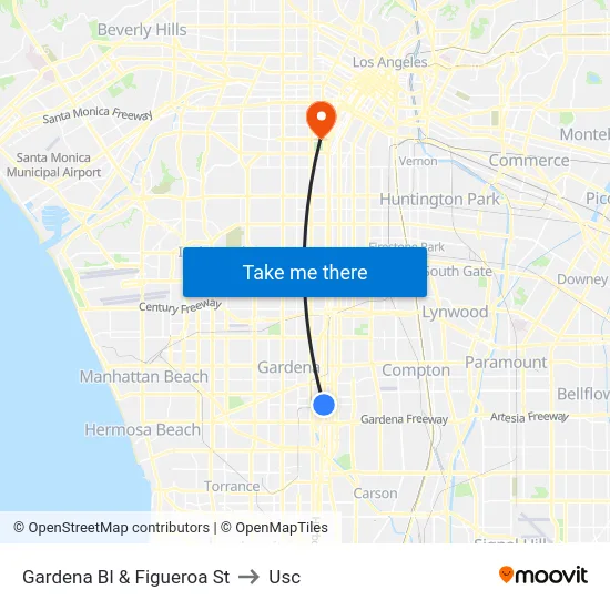 Gardena Bl & Figueroa St to Usc map