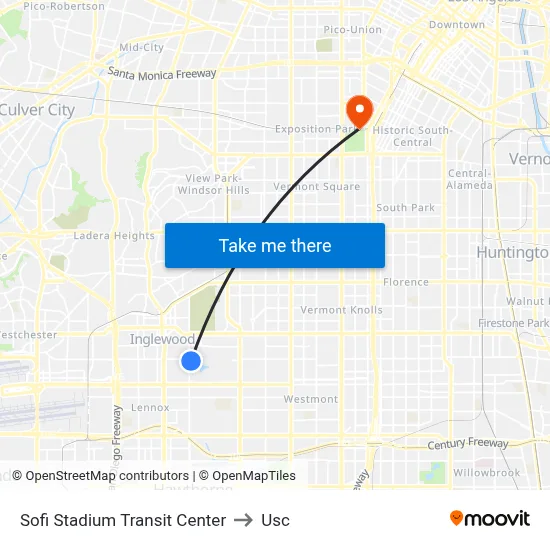 Sofi Stadium Transit Center to Usc map