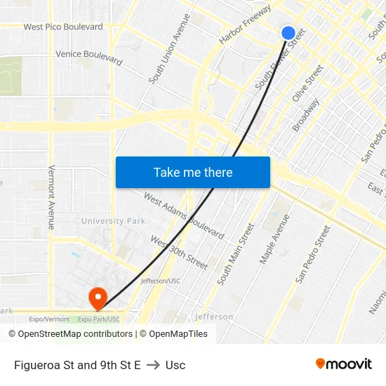Figueroa St and 9th St E to Usc map