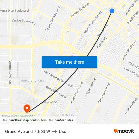 Grand Ave and 7th St W to Usc map