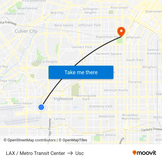 LAX / Metro Transit Center to Usc map