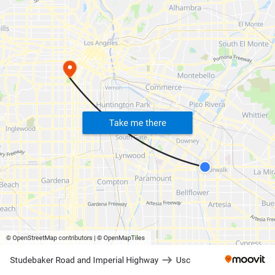 Studebaker Road and Imperial Highway to Usc map