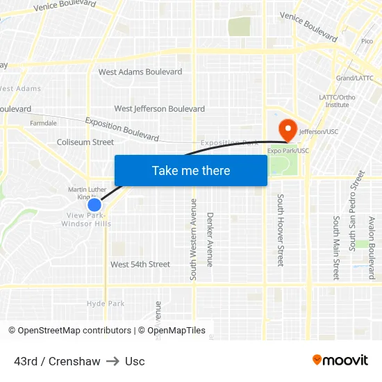 43rd / Crenshaw to Usc map