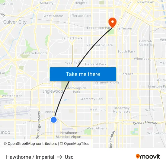 Hawthorne / Imperial to Usc map